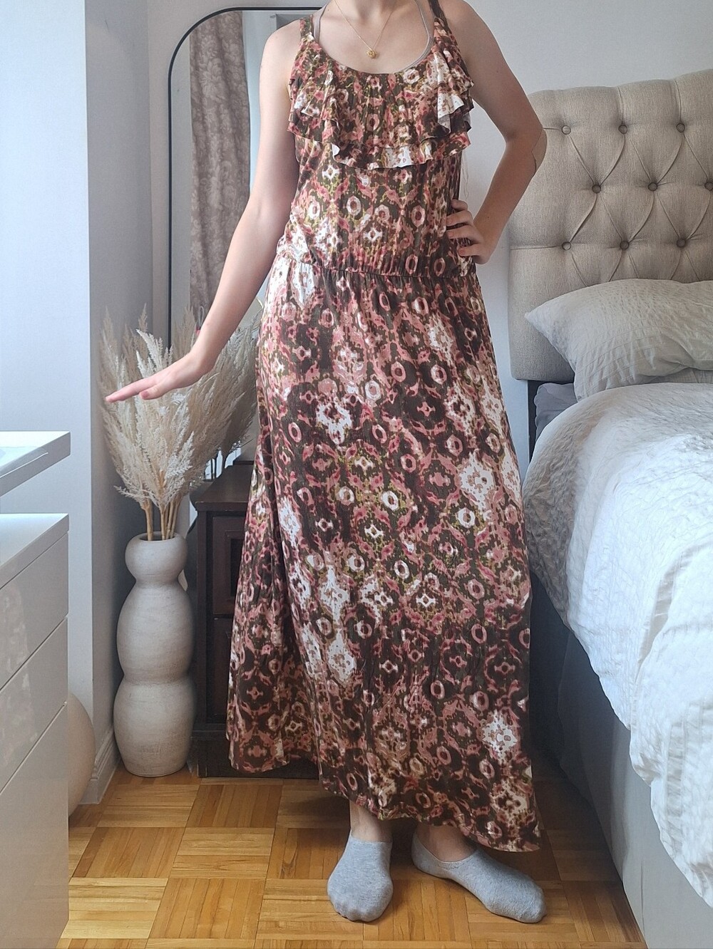 Sleeveless Soft jersey Floral Ruffle Maxi Dress for Women